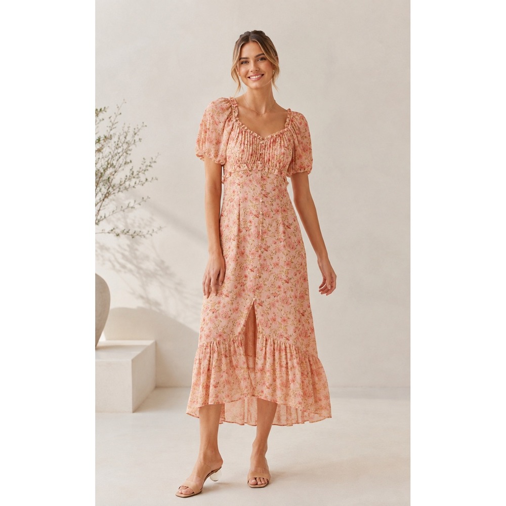 ASTR The Label Euro Summer Romantic Floral Midi Dress Pink Small Coquette Girl